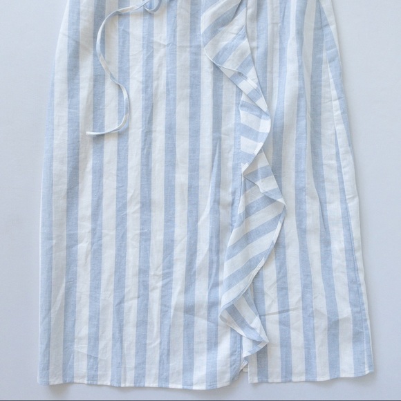 Zara Denim Blue and White Stripes Ruffle Linen Wrap Dress, NWT, XS - Picture 5 of 7